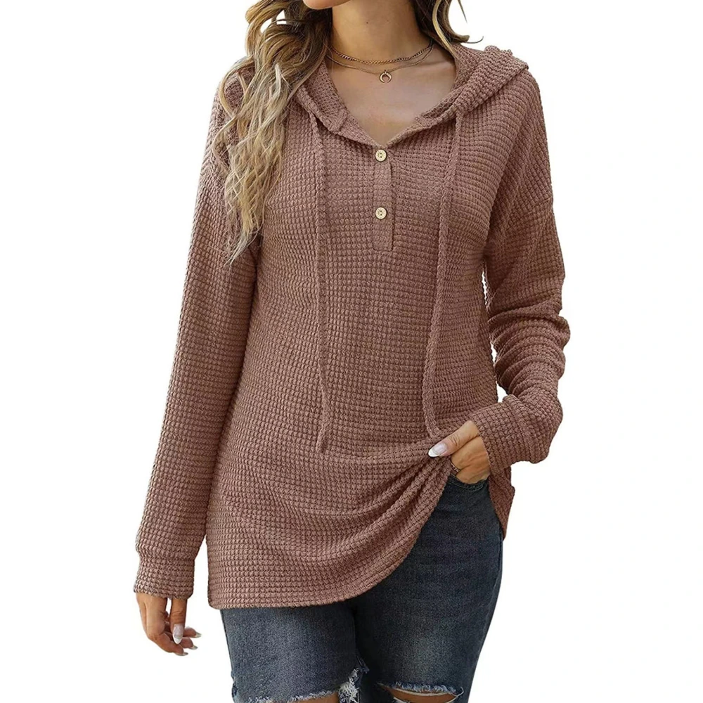 Women Pullover Hoodie Knitted Button Front Pure Color Drawstring Loose Breathable Sweater Brown M