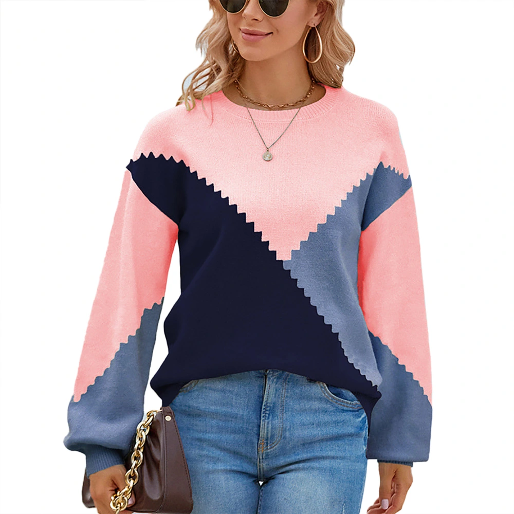 Women Sweater Color Block Round Neck Rib Cuff Lantern Sleeved Fashionable Casual Fit Sweater for Winter Dark Blue XL