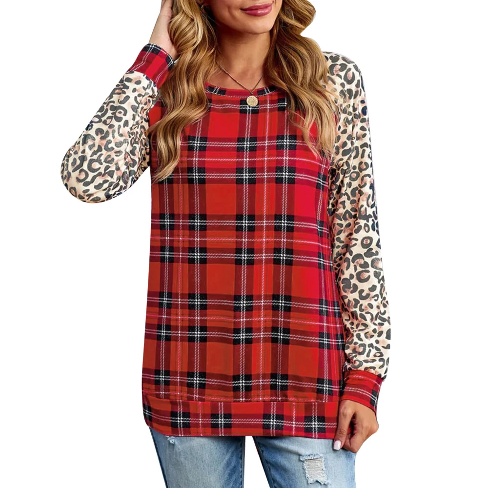 Women Christmas Shirt Round Neck Print Long Sleeve Plaid Splicing Lady Pullover Top for Autumn Winter Red XL