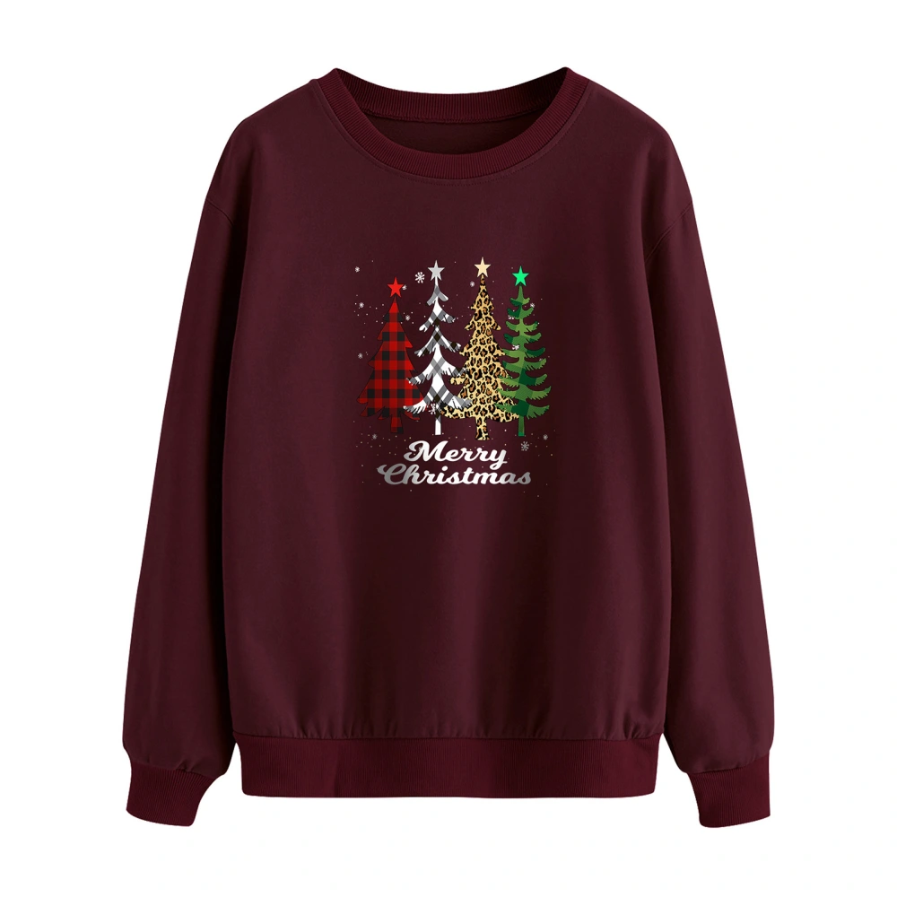 Christmas Trees Sweatshirt for Women Breathable Soft Skin Friendly Loose Crew Neck Sweatshirt for Shopping Daily Wine Red XXL