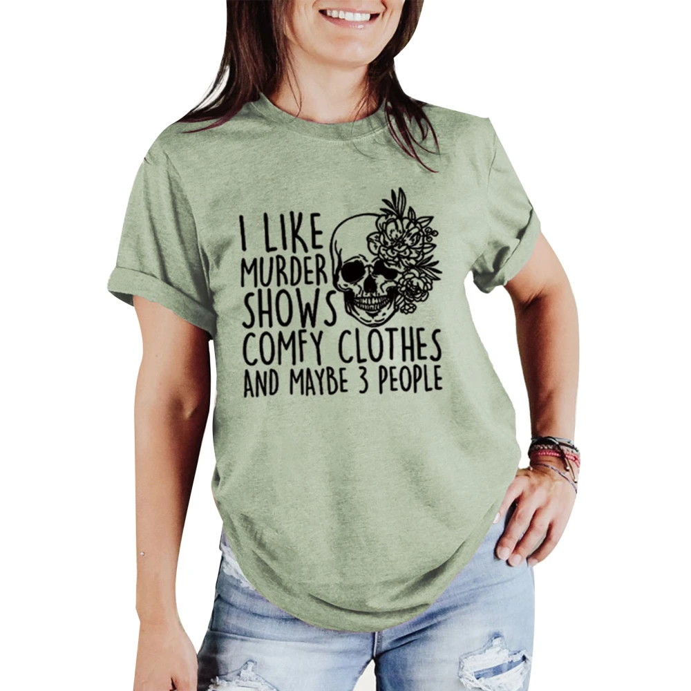 Short Sleeved T Shirt Round Neck Printed Casual Fit Fashionable Women Short Sleeved Shirt Olive Green (Black Font) L