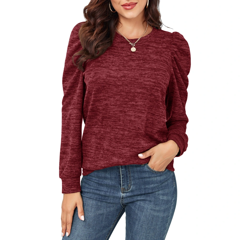 Women Crewneck Sweatshirt Fashionable Casual Loose Hem Long Puff Sleeve Pullover Tops Blouse for Work Red M