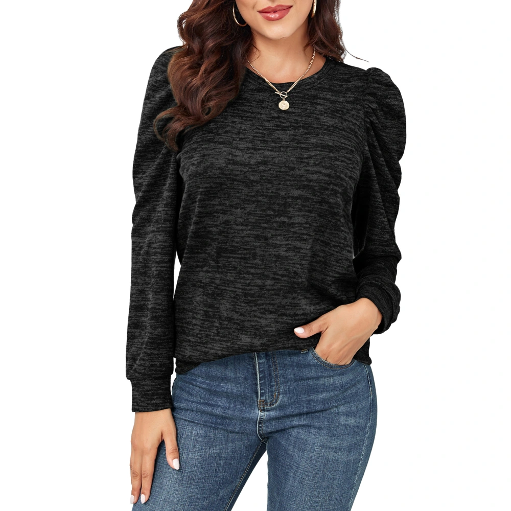 Women Crewneck Sweatshirt Fashionable Casual Loose Hem Long Puff Sleeve Pullover Tops Blouse for Work Black M