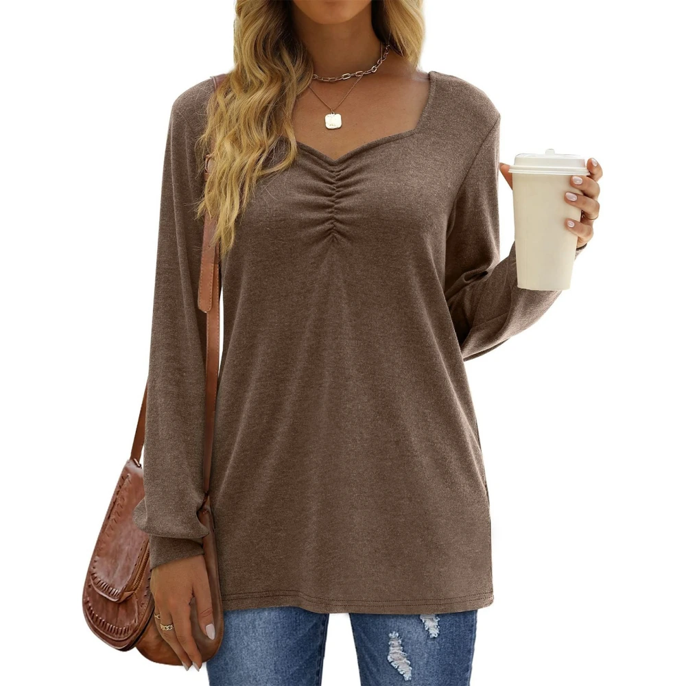 Pleated Long Sleeve Tops for Women Breathable Soft Comfortable Machine Washable Long Sleeve Tops for Daily Outdoor Brown L