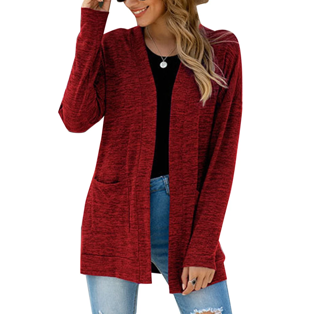 Women Pocket Open Front Top Pure Color Long Sleeve Outwear with Pockets for Autumn Winter Wine Red XL