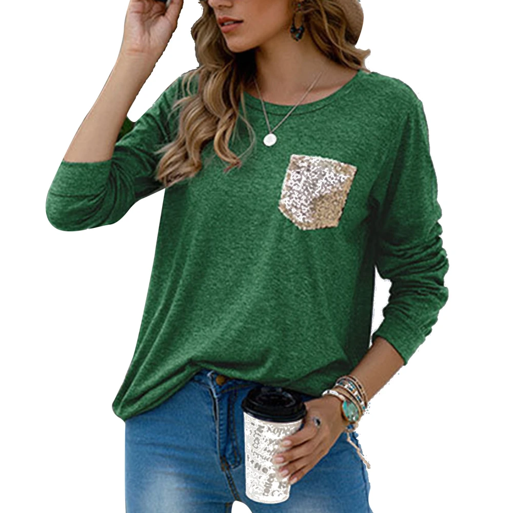 Glitter Patchwork Blouse Crewneck Sequins Long Sleeve Loose Casual Soft Tunic Shirt for Women Green XL