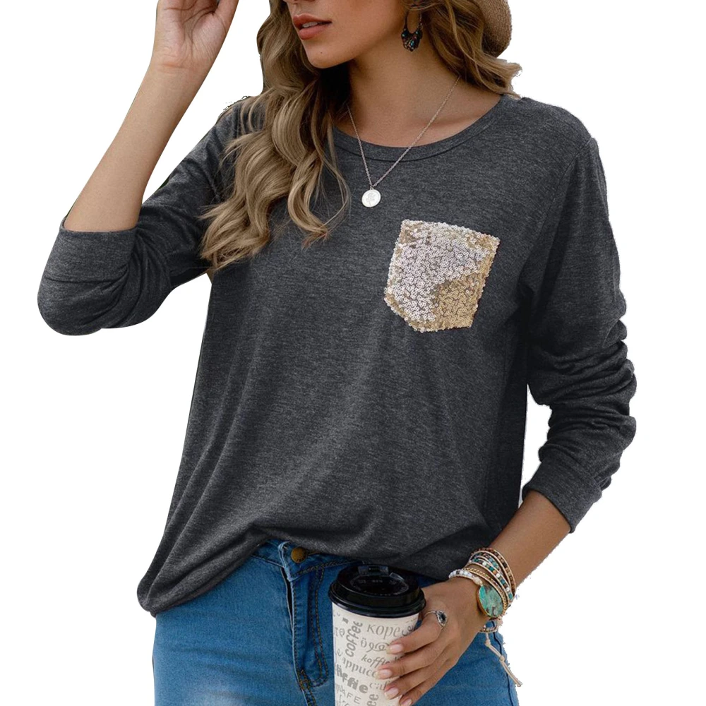 Glitter Patchwork Blouse Crewneck Sequins Long Sleeve Loose Casual Soft Tunic Shirt for Women Grey S