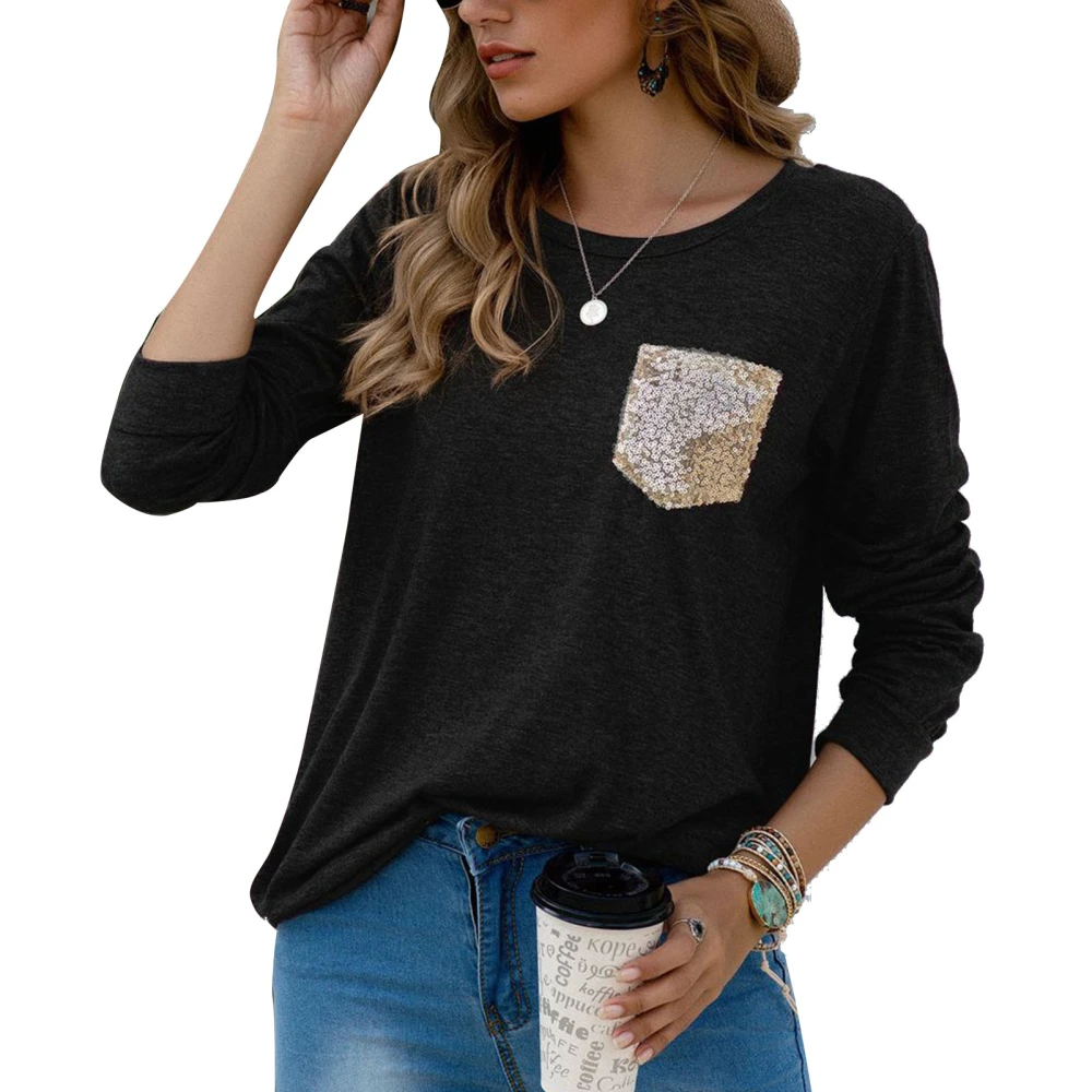 Glitter Patchwork Blouse Crewneck Sequins Long Sleeve Loose Casual Soft Tunic Shirt for Women Black XXL