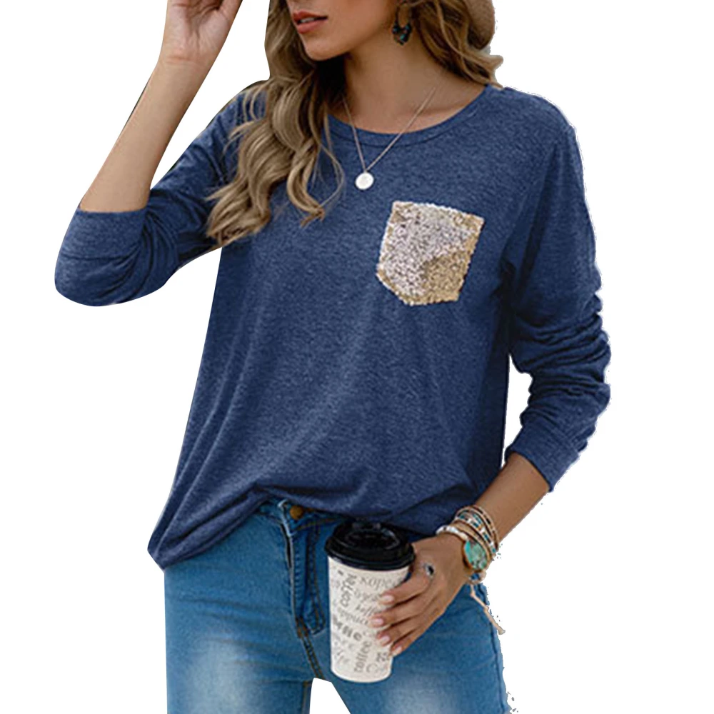 Glitter Patchwork Blouse Crewneck Sequins Long Sleeve Loose Casual Soft Tunic Shirt for Women Purplish Blue XL