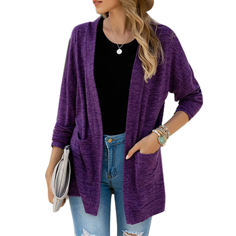 Women Pocket Open Front Top Pure Color Long Sleeve Outwear with Pockets for Autumn Winter Purple L