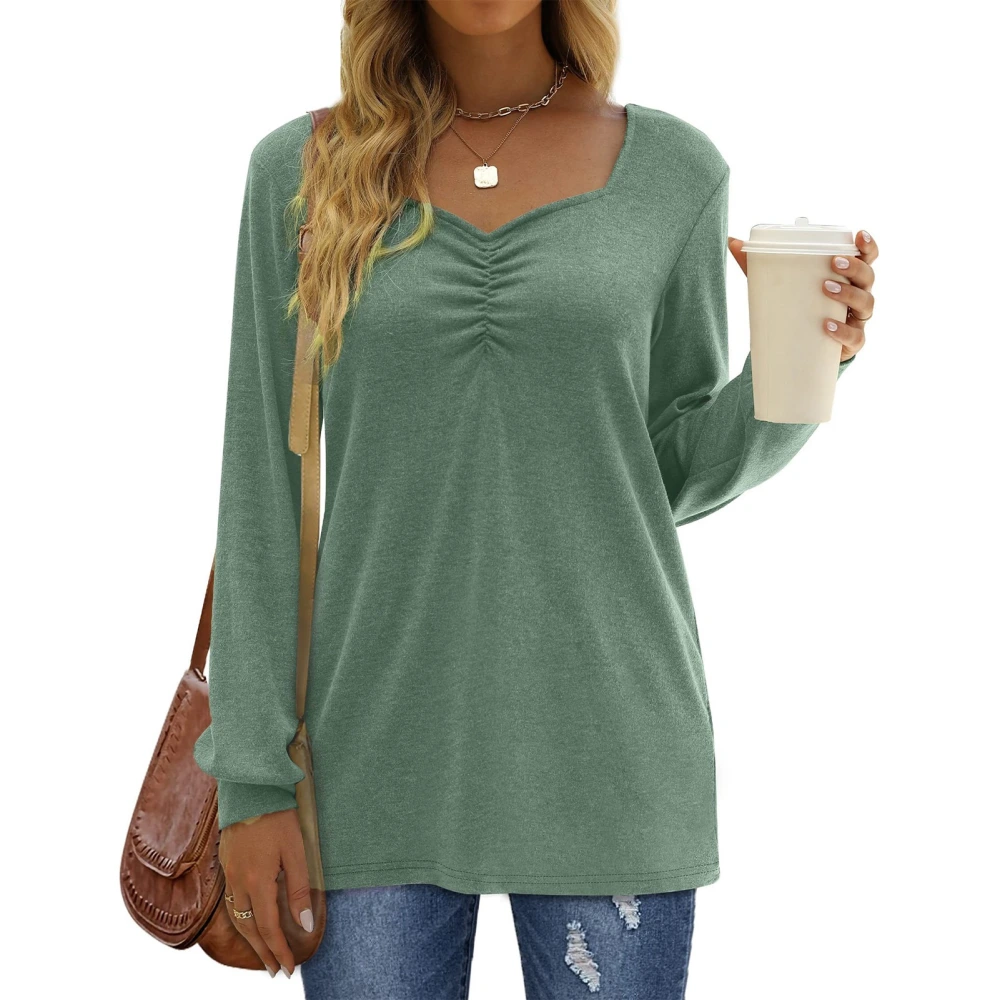 Pleated Long Sleeve Tops for Women Breathable Soft Comfortable Machine Washable Long Sleeve Tops for Daily Outdoor Green S