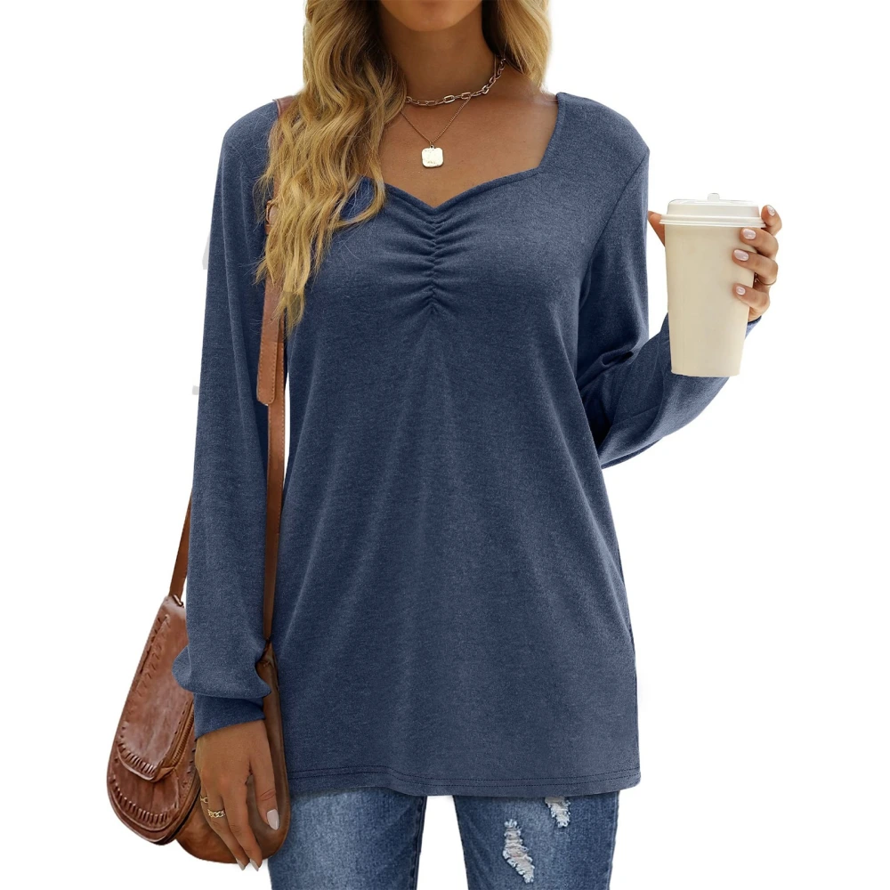 Pleated Long Sleeve Tops for Women Breathable Soft Comfortable Machine Washable Long Sleeve Tops for Daily Outdoor Blue L