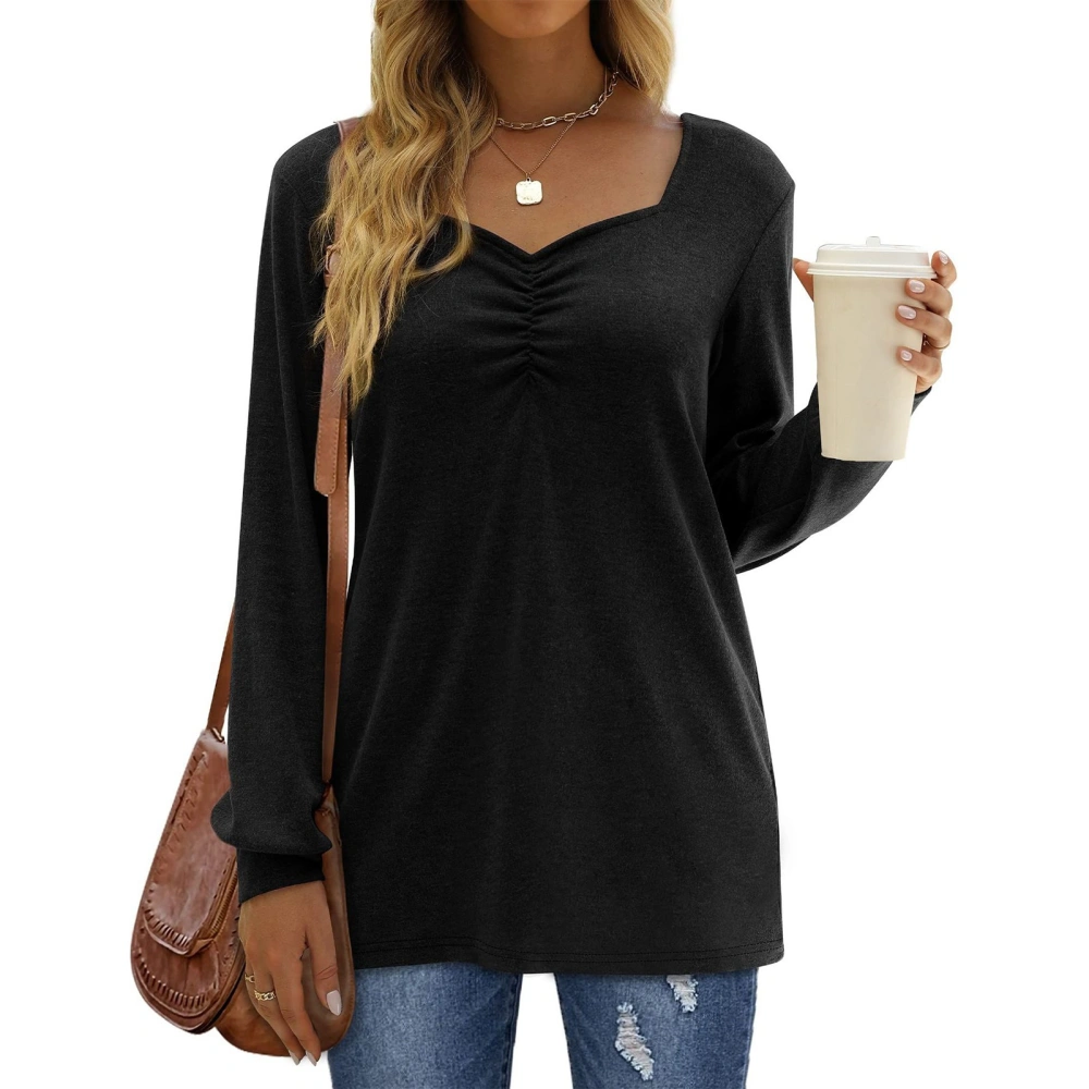 Pleated Long Sleeve Tops for Women Breathable Soft Comfortable Machine Washable Long Sleeve Tops for Daily Outdoor Black M