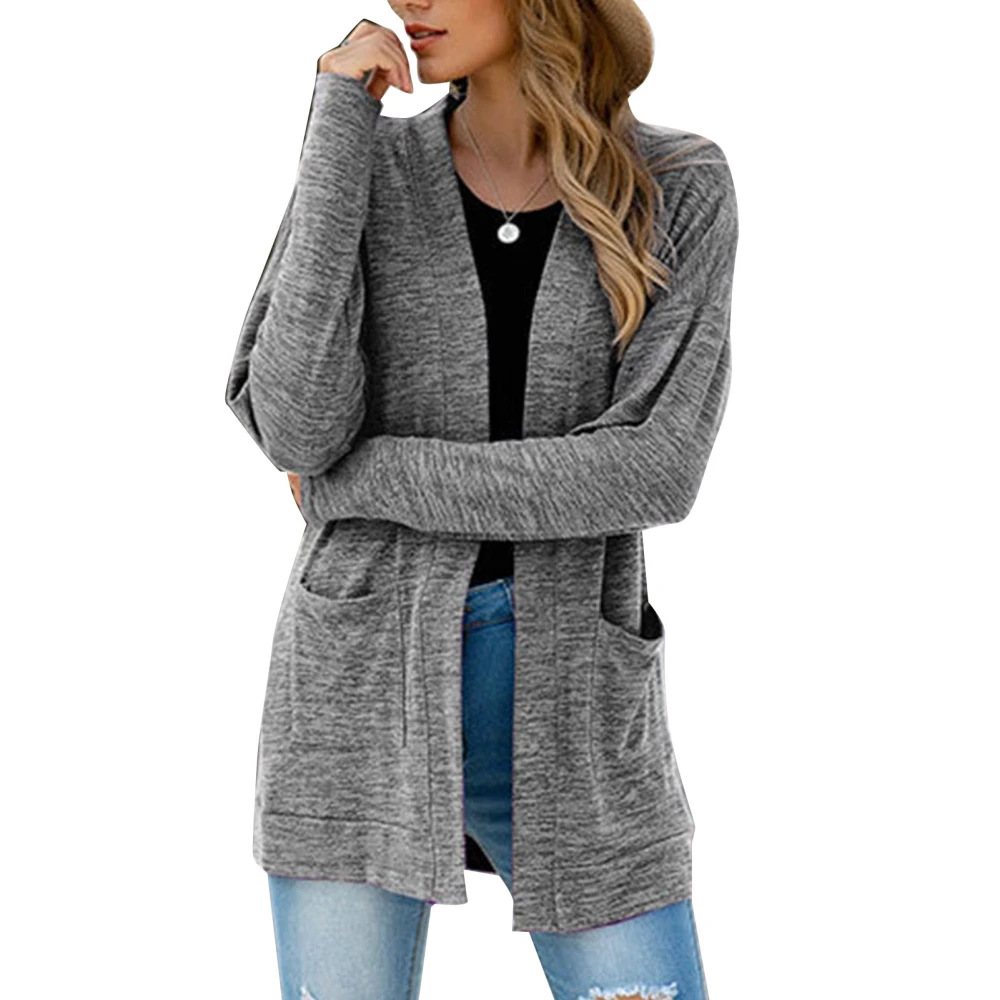 Women Pocket Open Front Top Pure Color Long Sleeve Outwear with Pockets for Autumn Winter Grey XXL