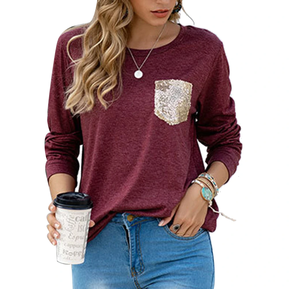 Glitter Patchwork Blouse Crewneck Sequins Long Sleeve Loose Casual Soft Tunic Shirt for Women Russet Red L