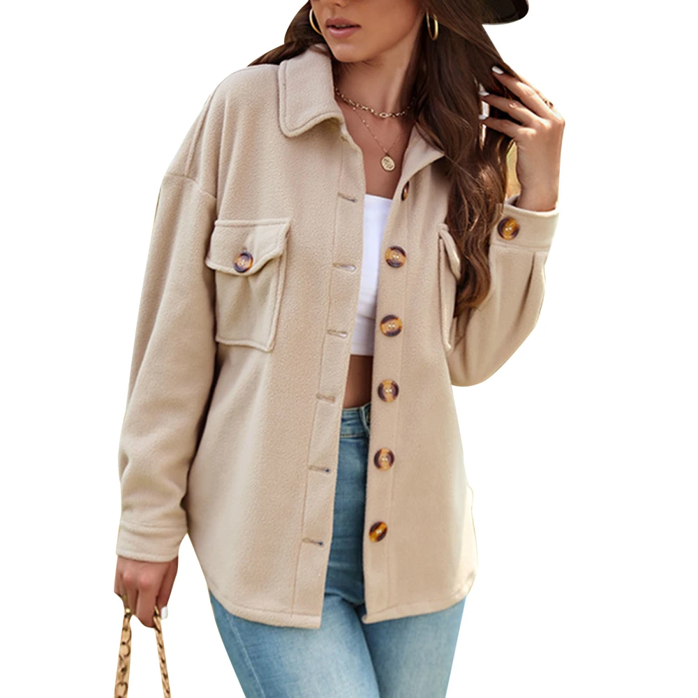 Casual Long Sleeve Button Up Fleece Jacket Women Warm Turn Down Collar Outwear Coat with Flap Pocket Khaki M