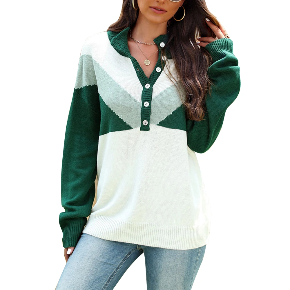 Women Button Front Sweater Pullover Stand Collar Drop Shoulder Long Sleeve Casual Fashion Color Block Sweater Green S