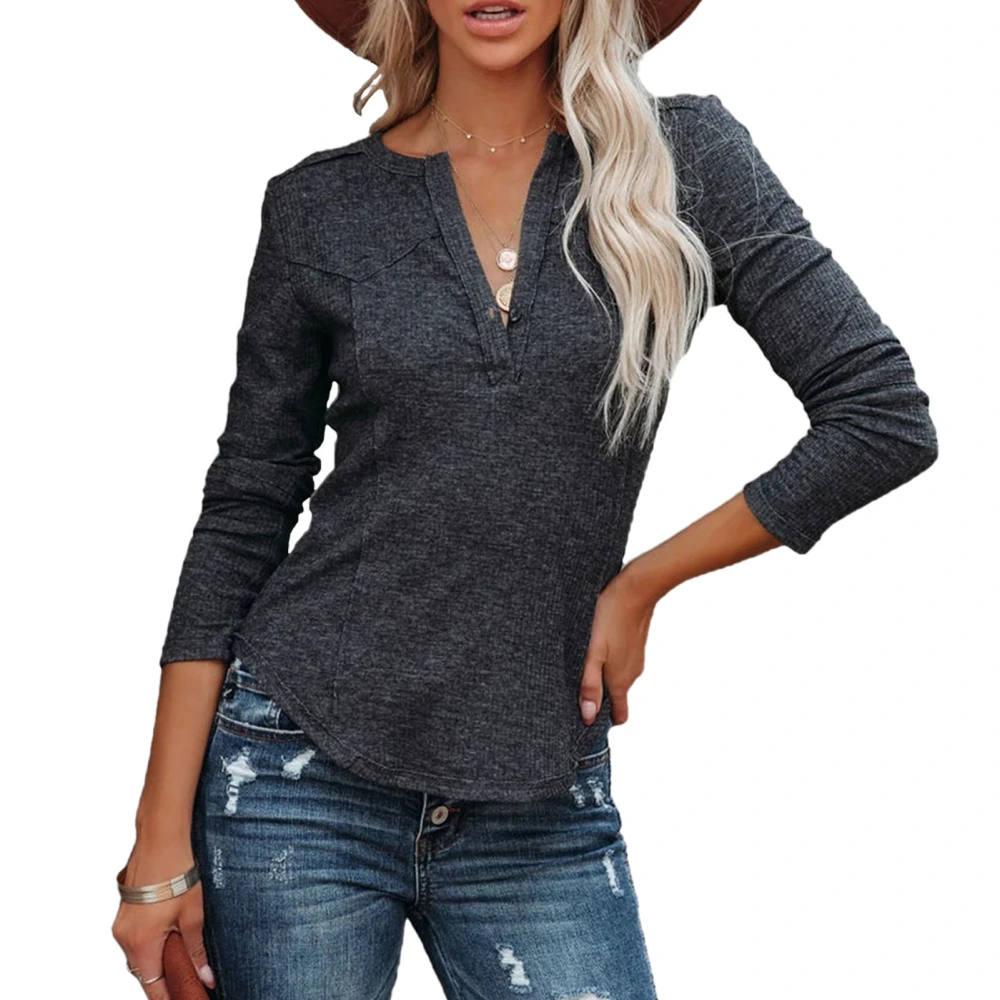 Women Blouse V Neck Long Sleeved Pure Color Half Button Fashionable Elegant Slim Fit Blouse Dark Gray L