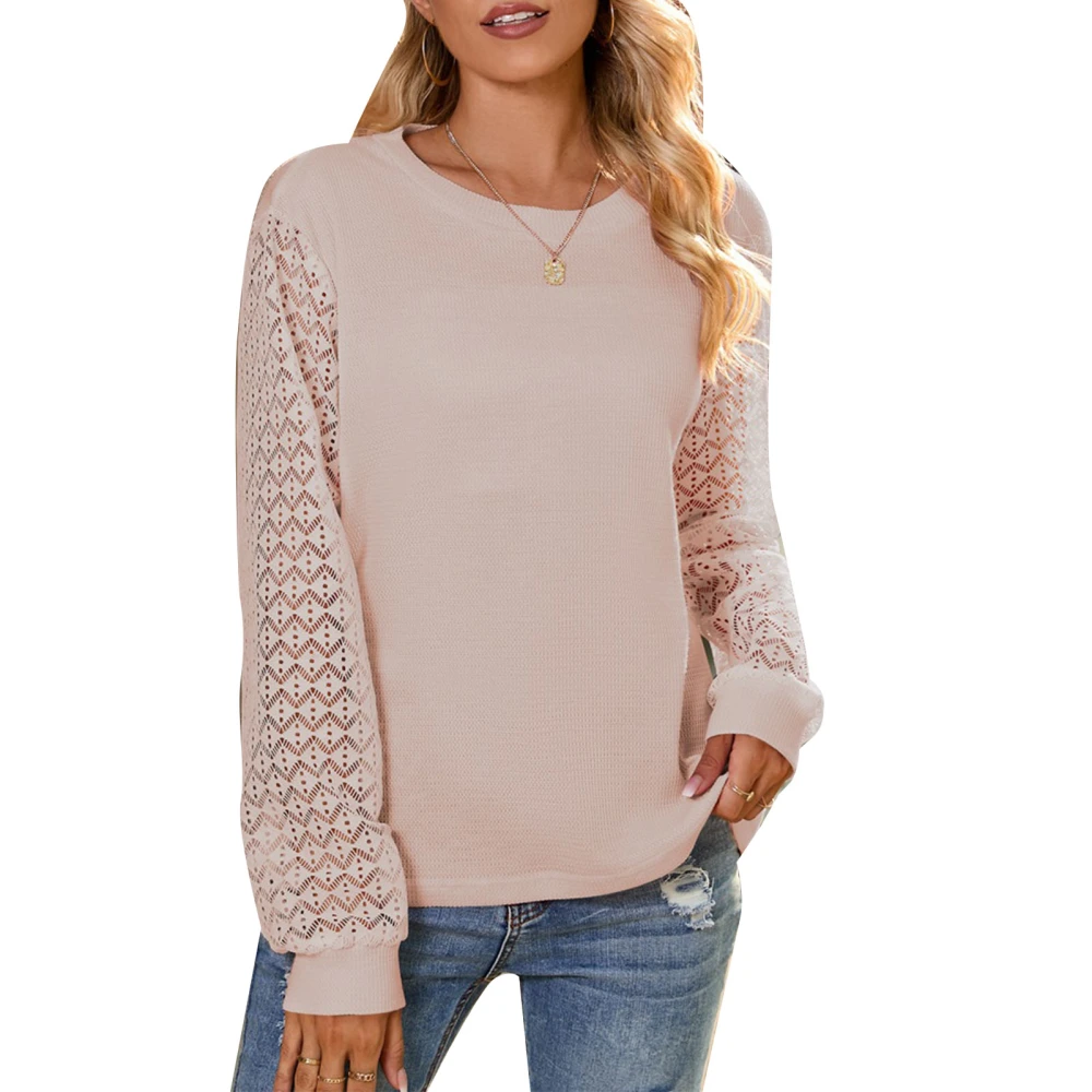 Women Lace Sleeve Sweatershirt Pullover Long Hollow Out Sleeve Round Neck Women Waffle Sweatershirt for Autumn Winter Yellowish Pink XXL