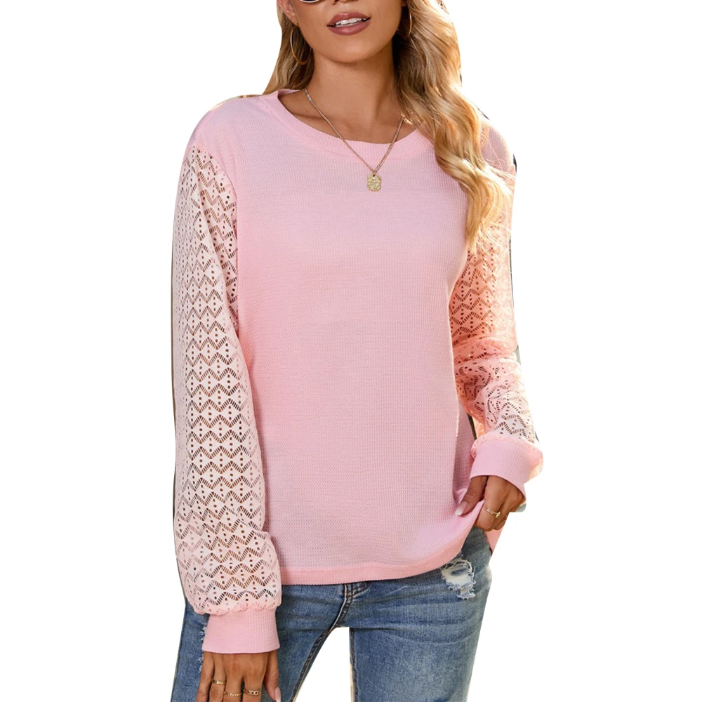 Women Lace Sleeve Sweatershirt Pullover Long Hollow Out Sleeve Round Neck Women Waffle Sweatershirt for Autumn Winter Pink XL