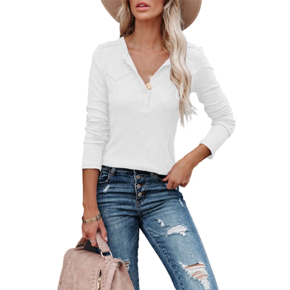 Women Blouse V Neck Long Sleeved Pure Color Half Button Fashionable Elegant Slim Fit Blouse White S