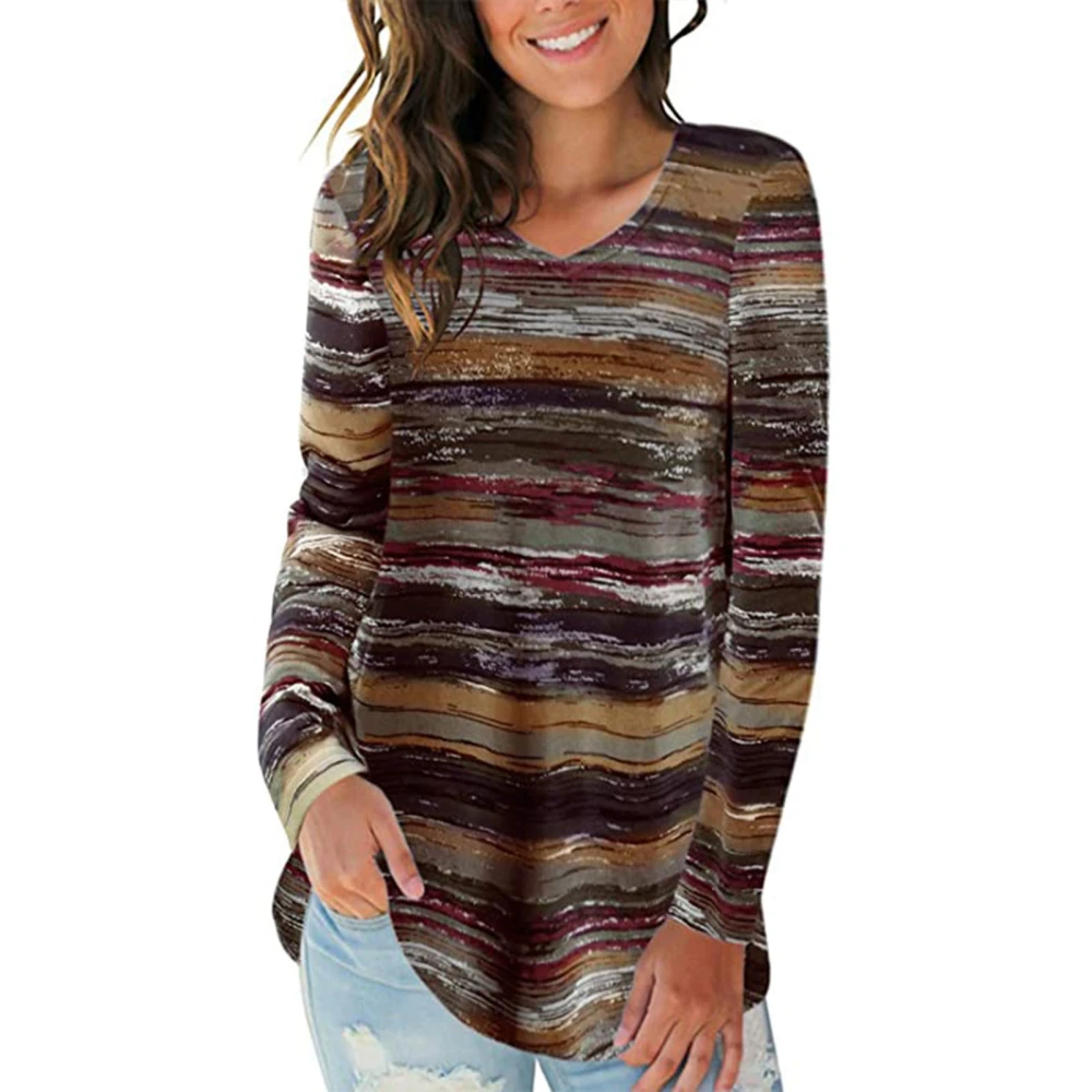 Women V Neck Long Sleeve T Shirt Fashionable Autumn Winter Women Loose Print Bottom Tops for Party Office Work Casual Brown M