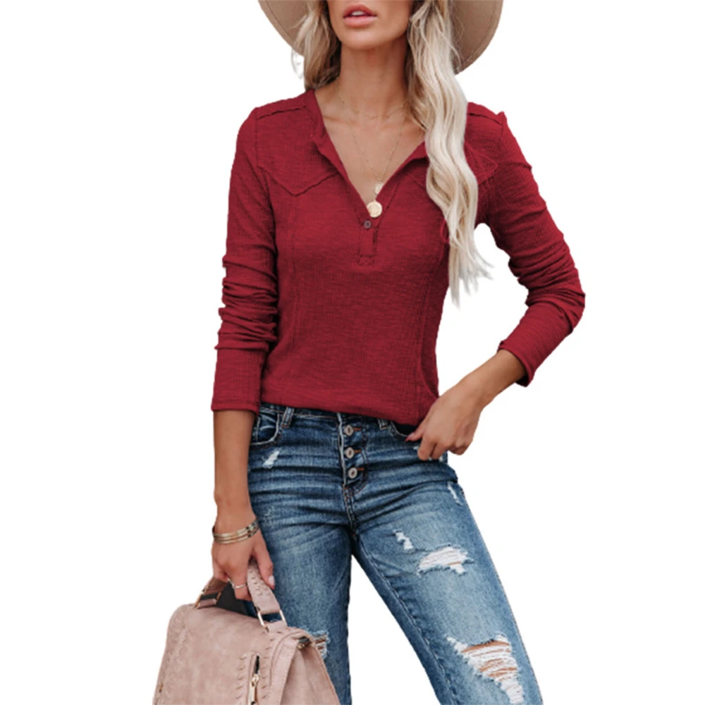 Women Blouse V Neck Long Sleeved Pure Color Half Button Fashionable Elegant Slim Fit Blouse Red L