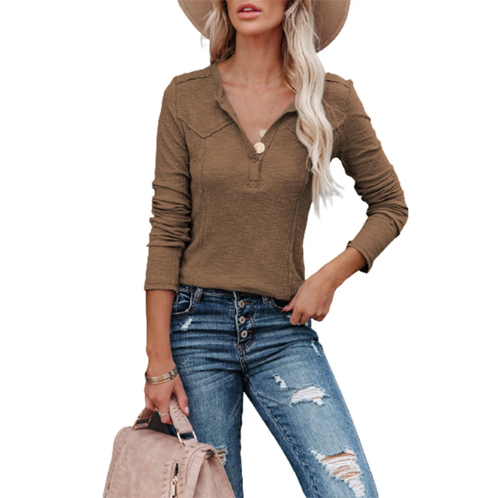 Women Blouse V Neck Long Sleeved Pure Color Half Button Fashionable Elegant Slim Fit Blouse Brown 3XL