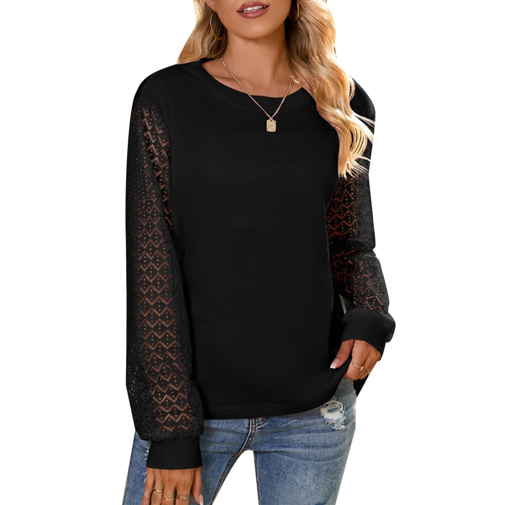 Women Lace Sleeve Sweatershirt Pullover Long Hollow Out Sleeve Round Neck Women Waffle Sweatershirt for Autumn Winter Black XL