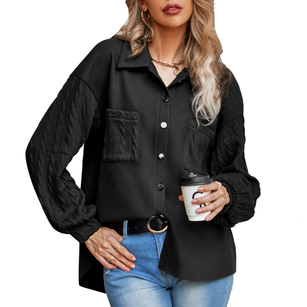 Women Turn Down Collar Button Up Fleece Jacket Cable Knit Long Puff Sleeve Chest Pocket Outwear Coat Black M