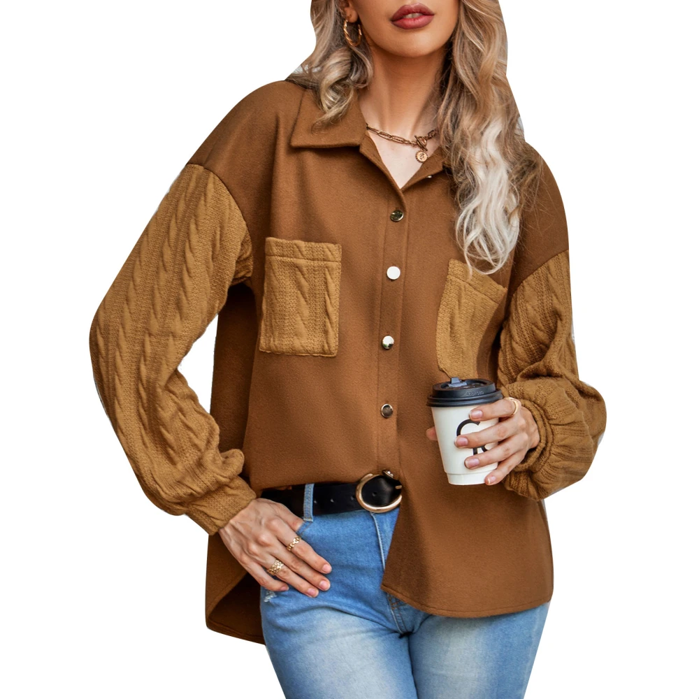 Women Turn Down Collar Button Up Fleece Jacket Cable Knit Long Puff Sleeve Chest Pocket Outwear Coat Caramel S