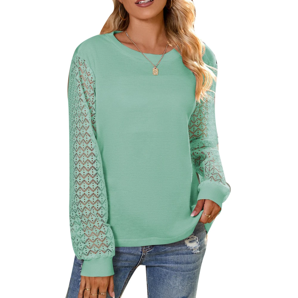 Women Lace Sleeve Sweatershirt Pullover Long Hollow Out Sleeve Round Neck Women Waffle Sweatershirt for Autumn Winter Light Green M