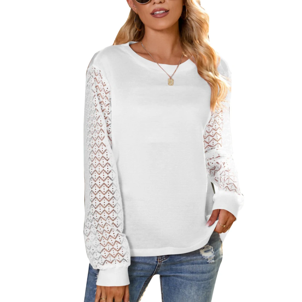 Women Lace Sleeve Sweatershirt Pullover Long Hollow Out Sleeve Round Neck Women Waffle Sweatershirt for Autumn Winter White XXL