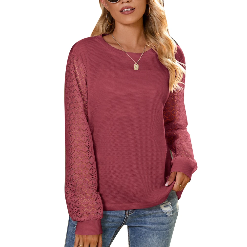 Women Lace Sleeve Sweatershirt Pullover Long Hollow Out Sleeve Round Neck Women Waffle Sweatershirt for Autumn Winter Brick Red L