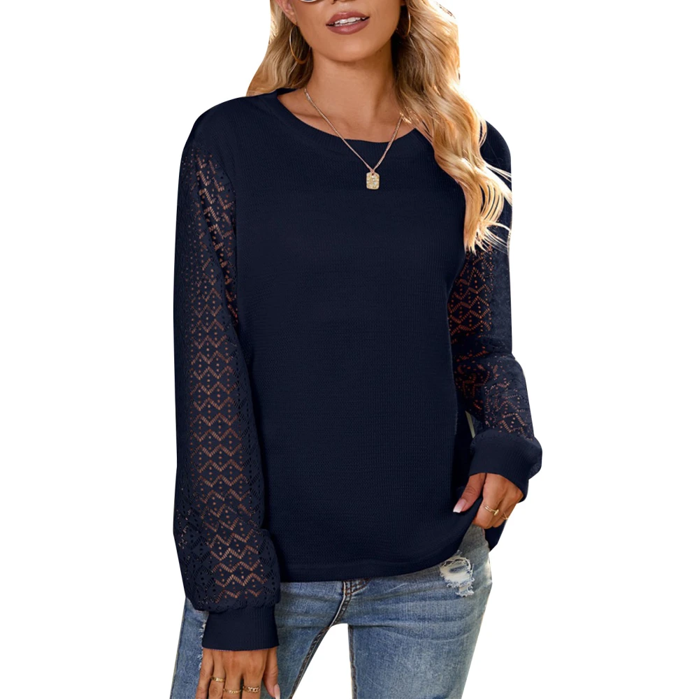 Women Lace Sleeve Sweatershirt Pullover Long Hollow Out Sleeve Round Neck Women Waffle Sweatershirt for Autumn Winter Dark Blue XXL