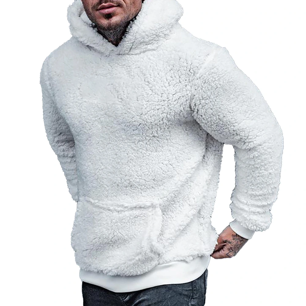 Sports Hoodie Hooded Design Pure Color Long Sleeves Large Pocket Polyester Men Hoodie for Autumn Winter White XXL