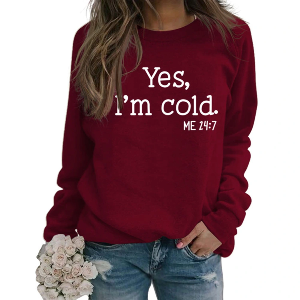 Crew Neck Sweatshirt for Women Soft Skin Friendly Breathable Printed Long Sleeve Sweatshirt for Daily Shopping Wine Red White Font M