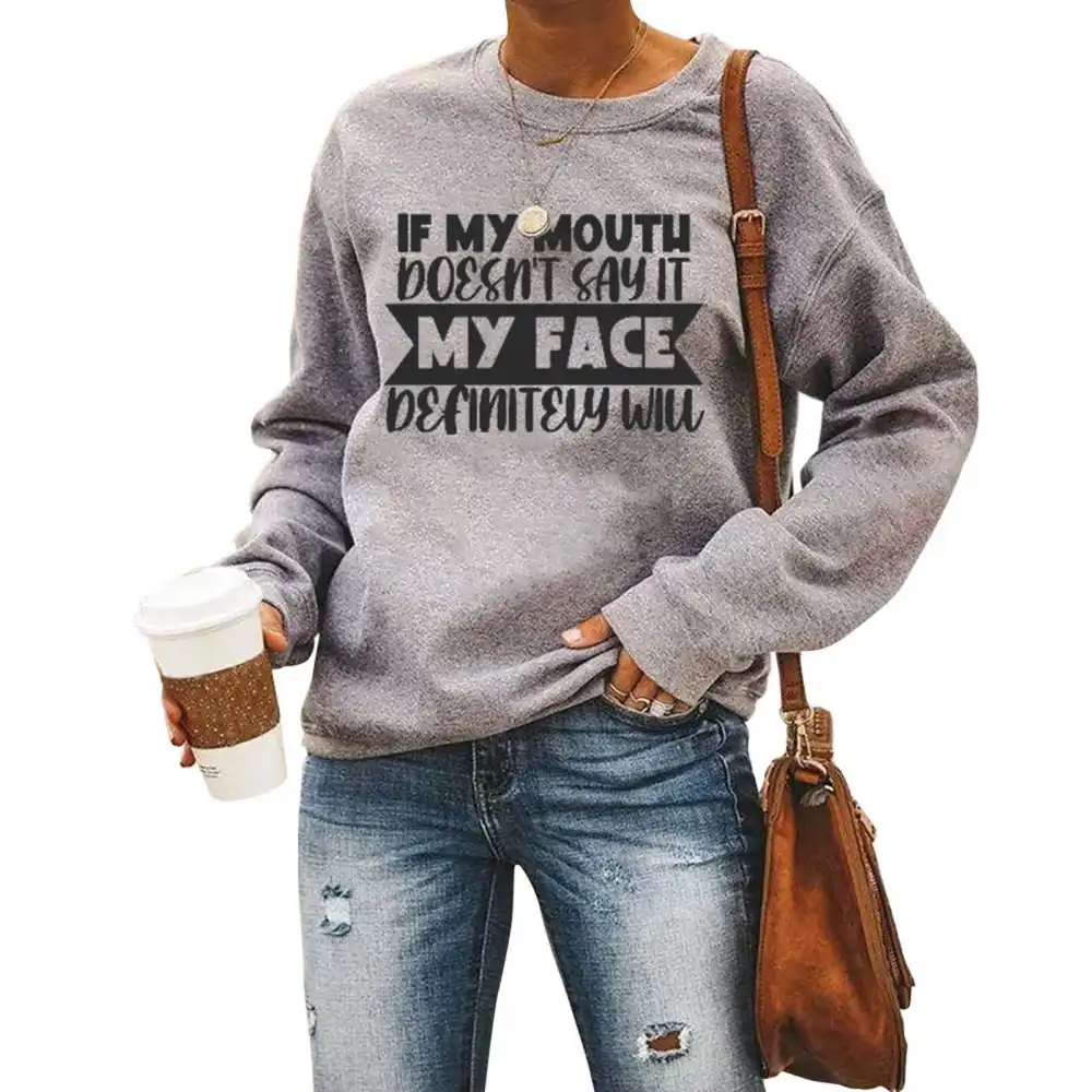 Women Letter Graphic Print Sweatshirt Crewneck Long Sleeve Drop Shoulder Pullover Soft Loose Women Sweatershirt Grey Grey S