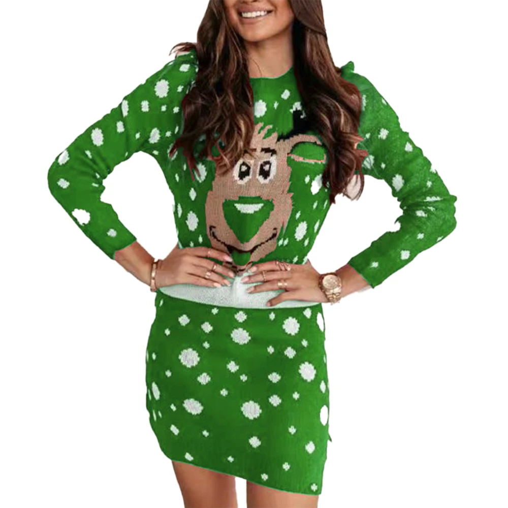 Women Bodycon Dress Casual Christmas Print Pattern Round Neck Soft Comfortable Female Dress Green XL