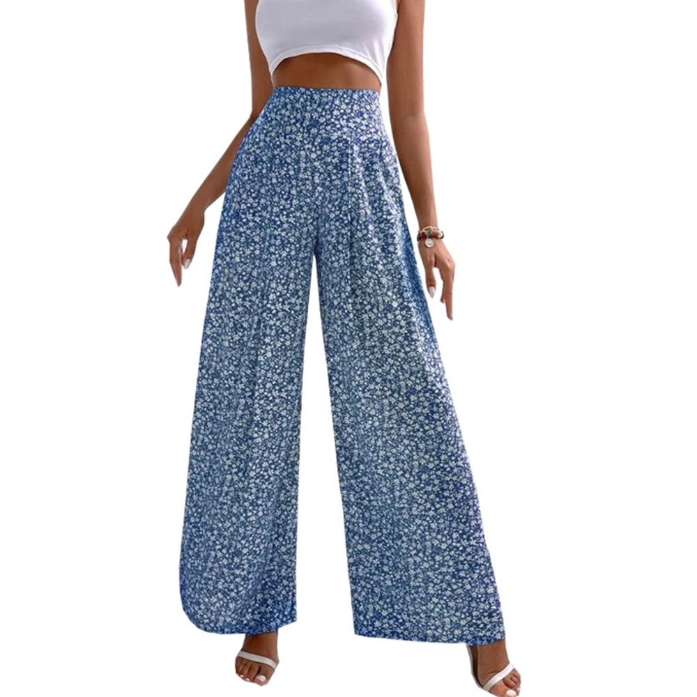 Women Long Pants Loose Casual Comfortable Fashionable Floral Printed High Waist Female Trouser Blue 3XL