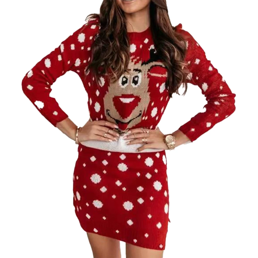 Women Bodycon Dress Casual Christmas Print Pattern Round Neck Soft Comfortable Female Dress Red XXXL