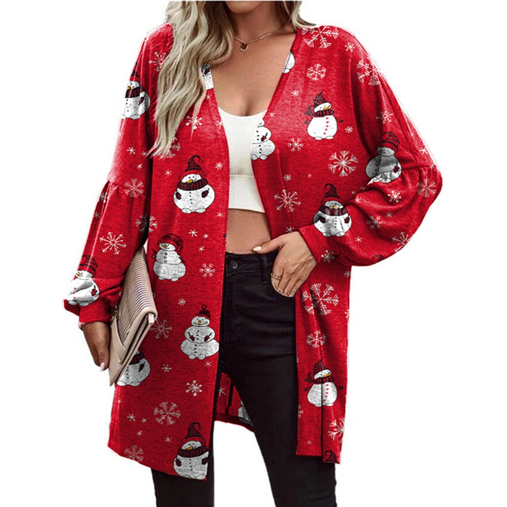 Christmas Open Front Outwear Long Sleeve Clear Print Casual Fashionable Women Outerwear Coat for Autumn Winter Red Snowman XL