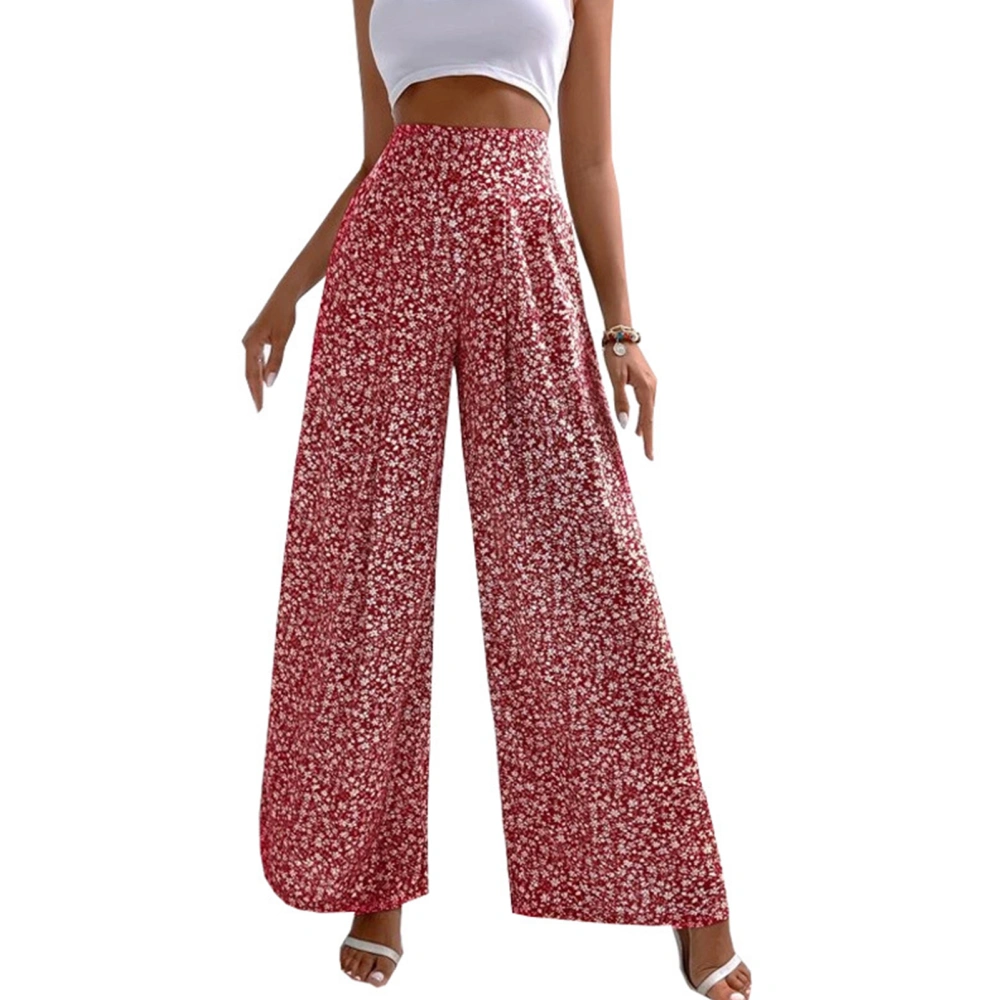 Women Long Pants Loose Casual Comfortable Fashionable Floral Printed High Waist Female Trouser Red L