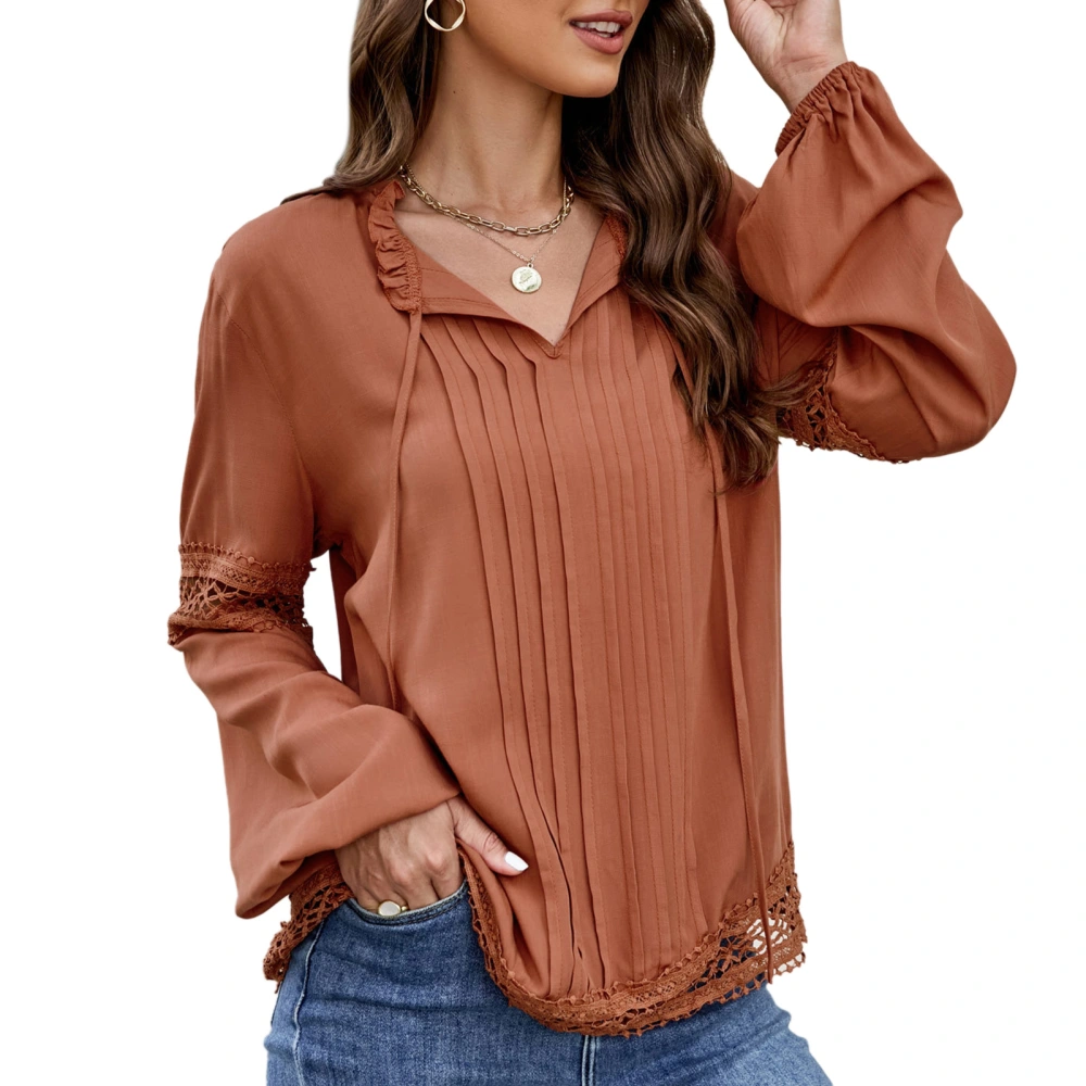 Women Drawstring Ruffle Blouse Pure Color Fashionable Causal Lace Patchwork Long Sleeve Shirt for Women Female Brick Red M