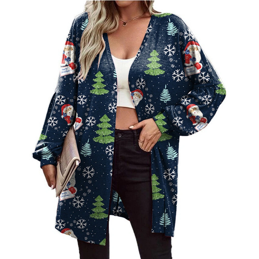 Christmas Open Front Outwear Long Sleeve Clear Print Casual Fashionable Women Outerwear Coat for Autumn Winter Navy Blue Elderly L