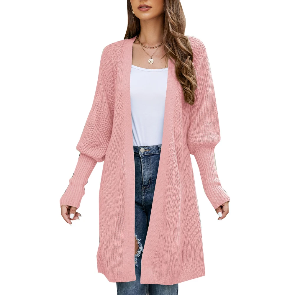 Women Knit Coat Open Front Belted Long Puff Sleeves Pure Color Midi Length Casual Sweater Coat Pink M