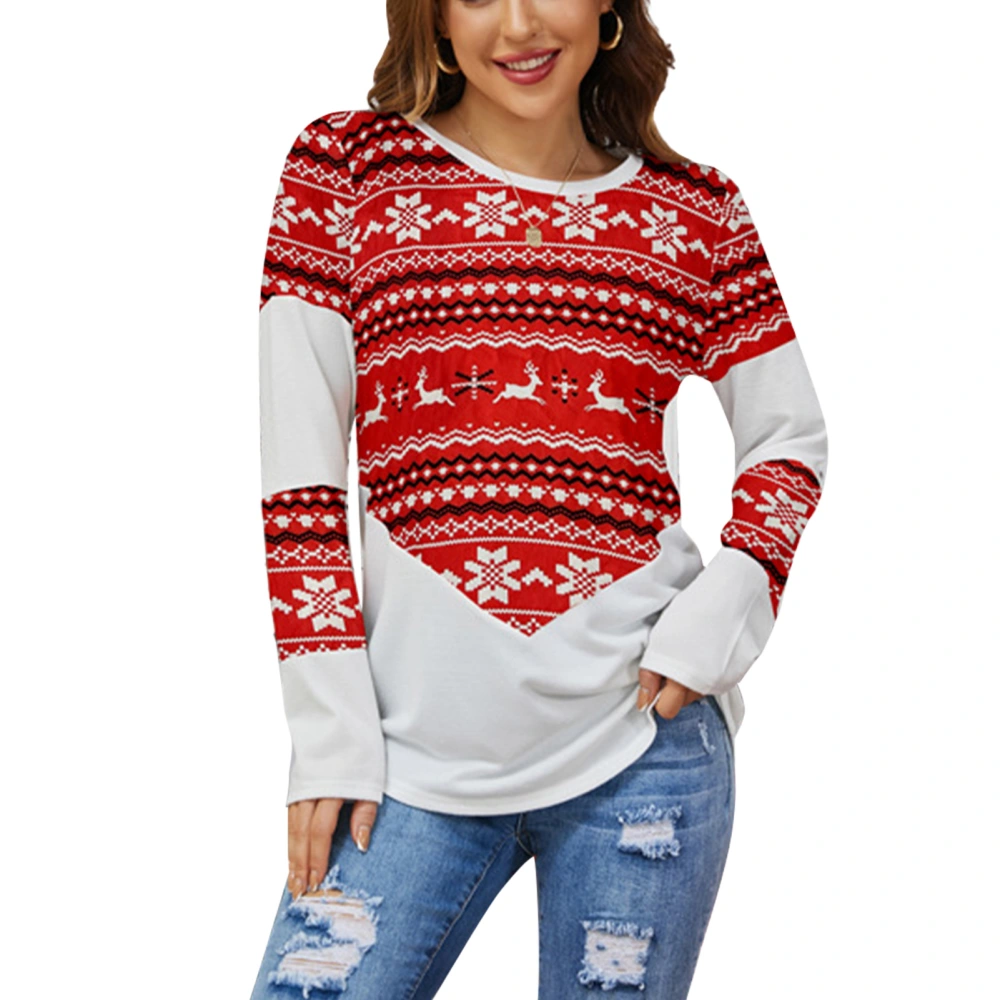 Christmas Print Pullover Shirt Color Block Long Sleeve Casual Loose Crewneck Print Blouse Top for Women Red L