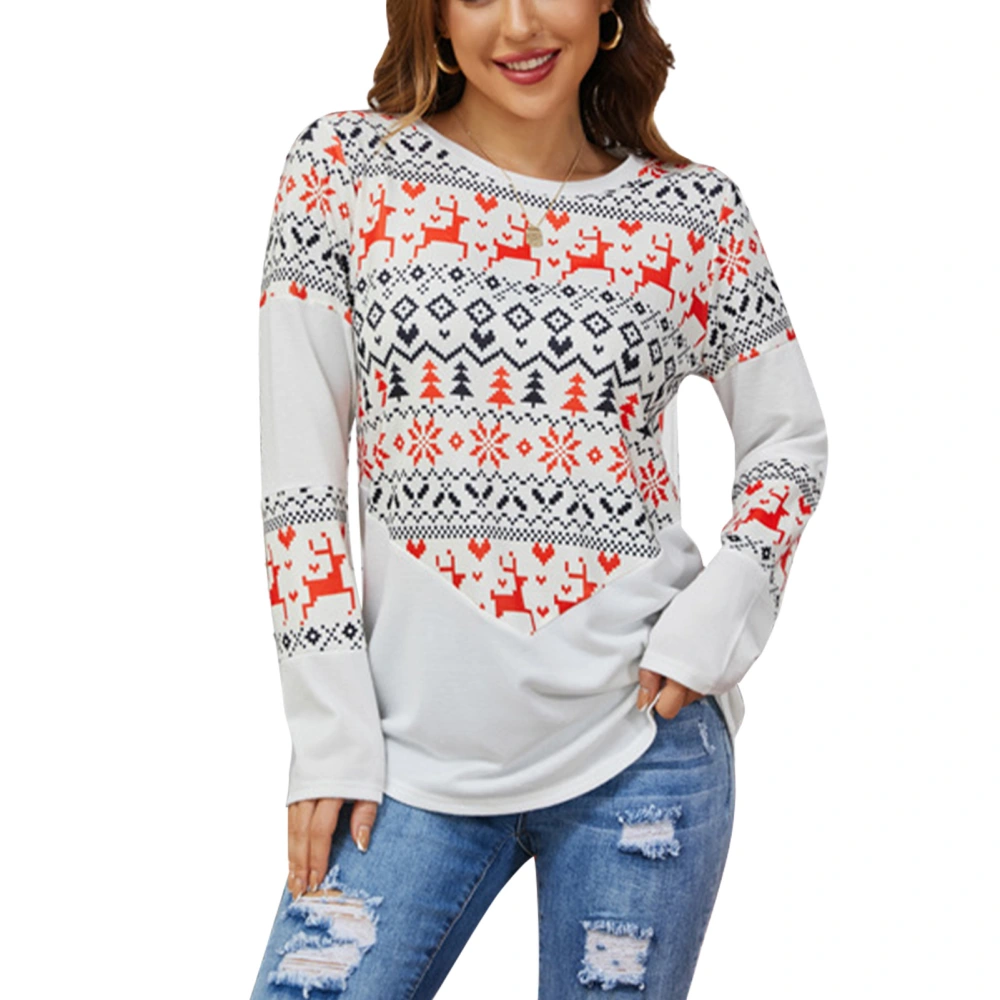 Christmas Print Pullover Shirt Color Block Long Sleeve Casual Loose Crewneck Print Blouse Top for Women White M