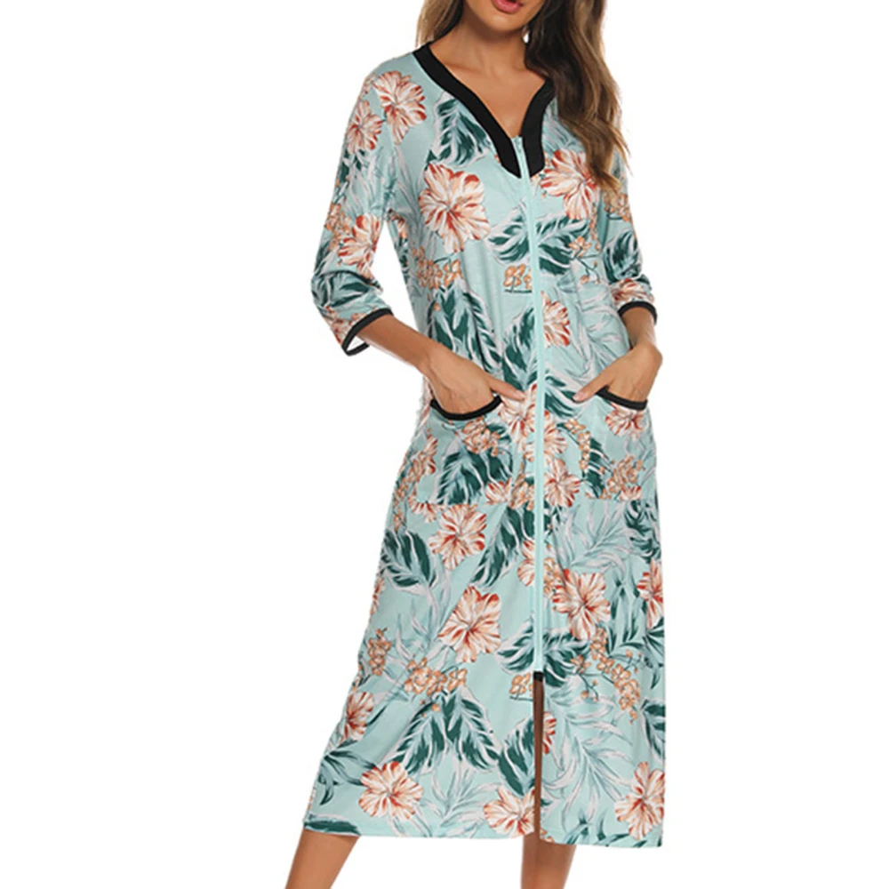 Zipper Nightgown 3/4 Sleeve for Women V Neck Loose Printed Nightdress with Pocket for Sleep Relax Green S