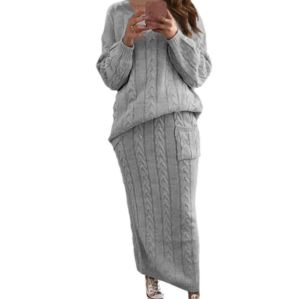 Cable Knit Long Sleeve Drop Shoulder Sweater Long Skirt Set Women Autumn Winter Pure Color 2 Piece Outfit Gray XXL